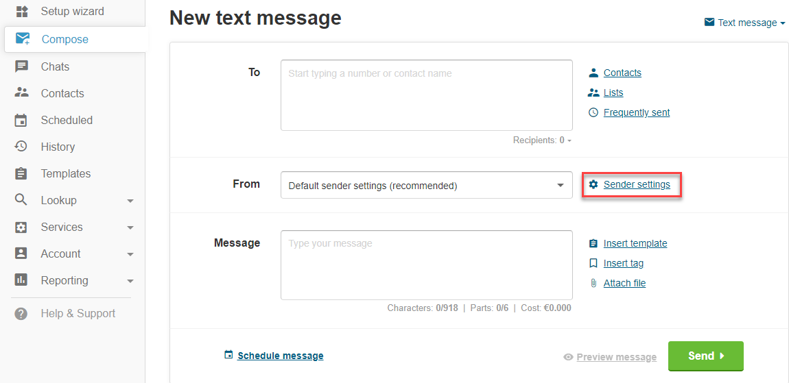New text message sender settings