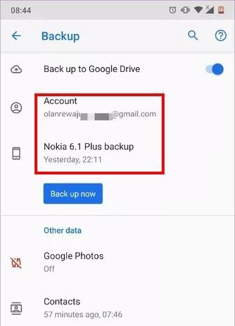 the screen of back up to google drive