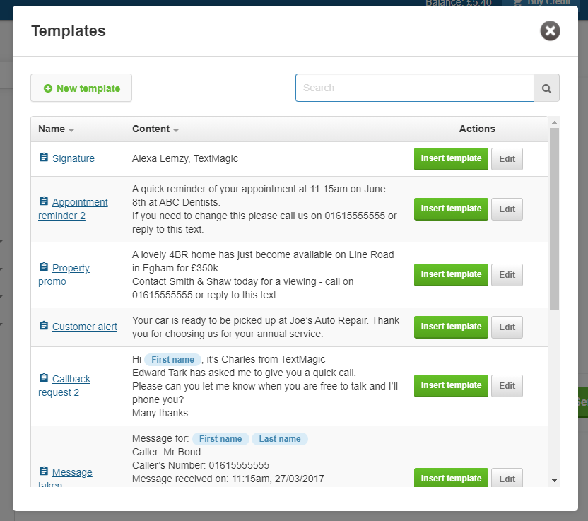 Textmagic web app templates