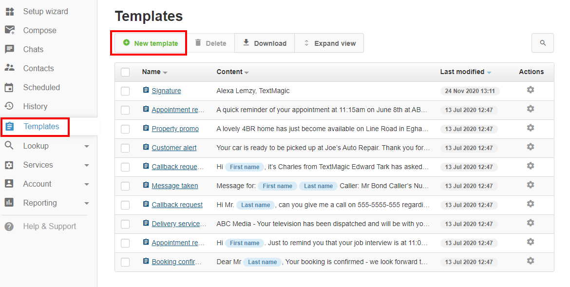 textmagic webapp templates