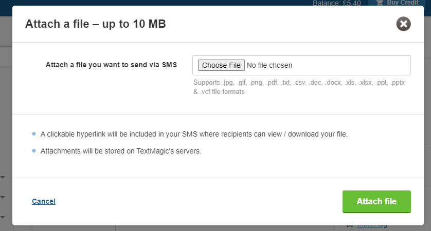 Attach a file you want to send via SMS