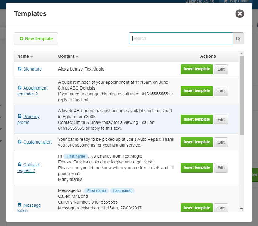 SMS templates in textmagic app