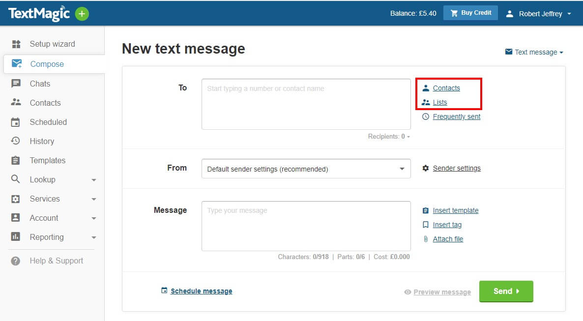 Textmagic App Interface 1