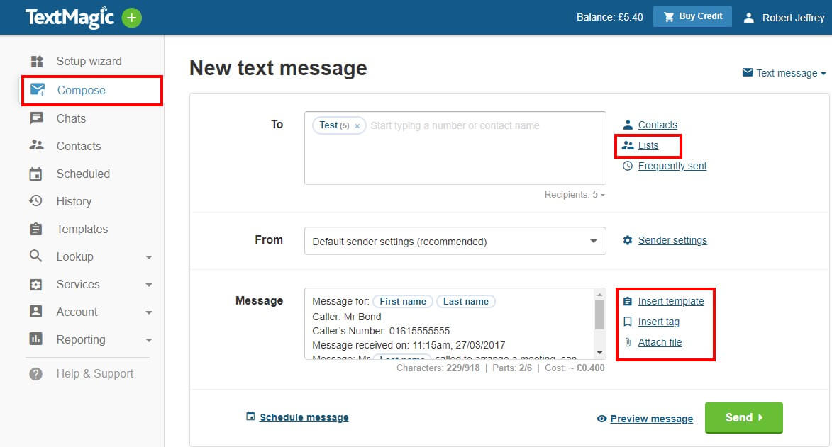 Textmagic Compose a new text message