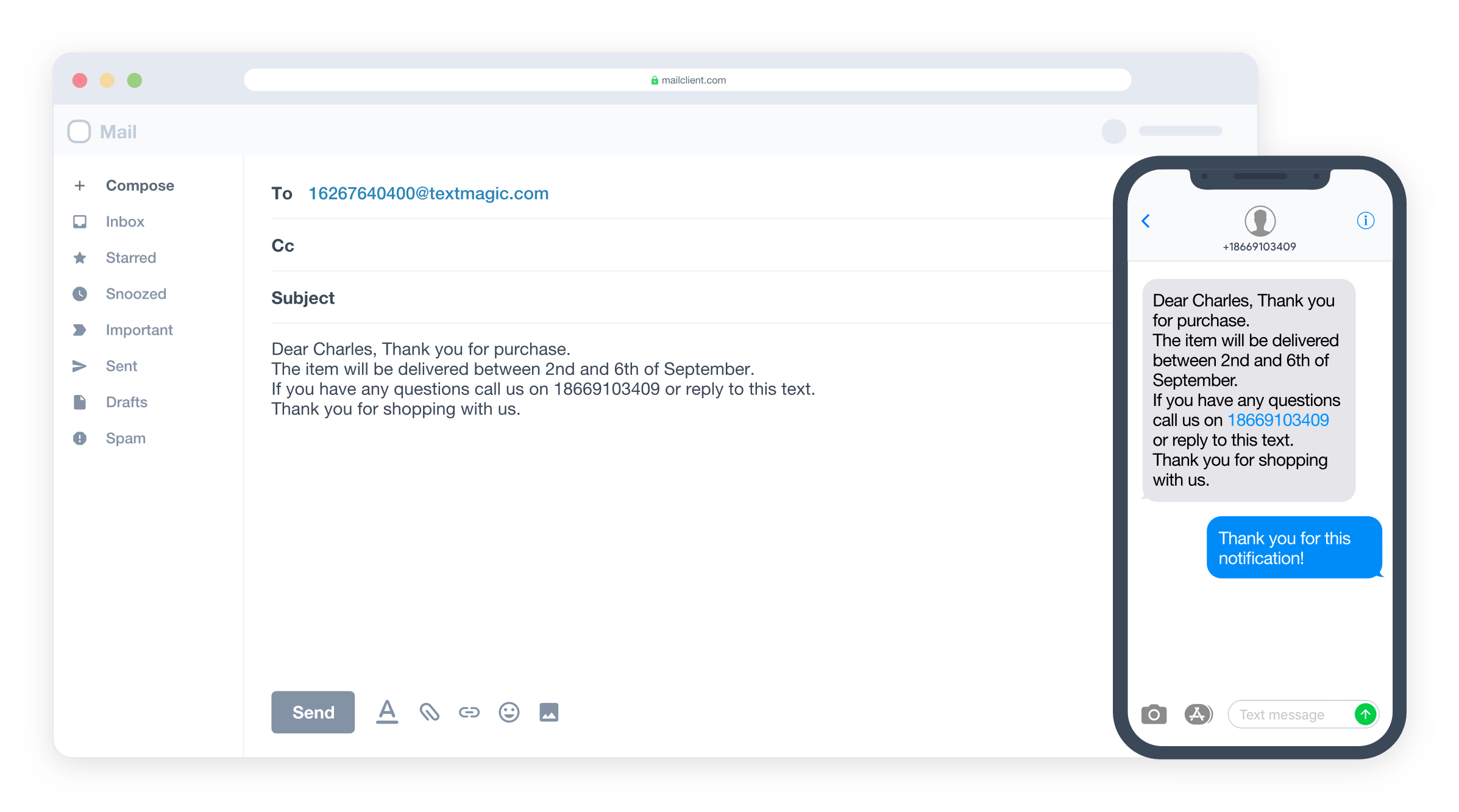 Email to SMS functionality with Textmagic