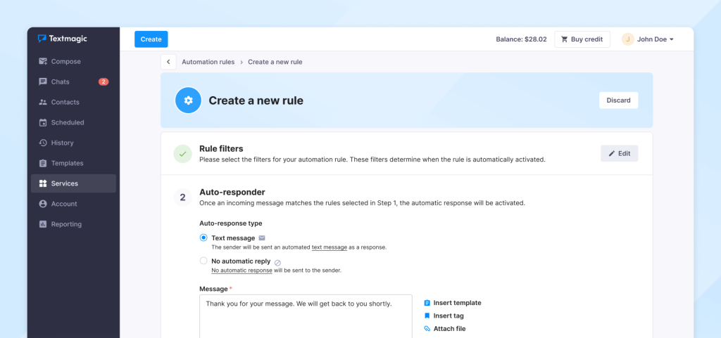 Textmagic sms automation rule creation screenshot