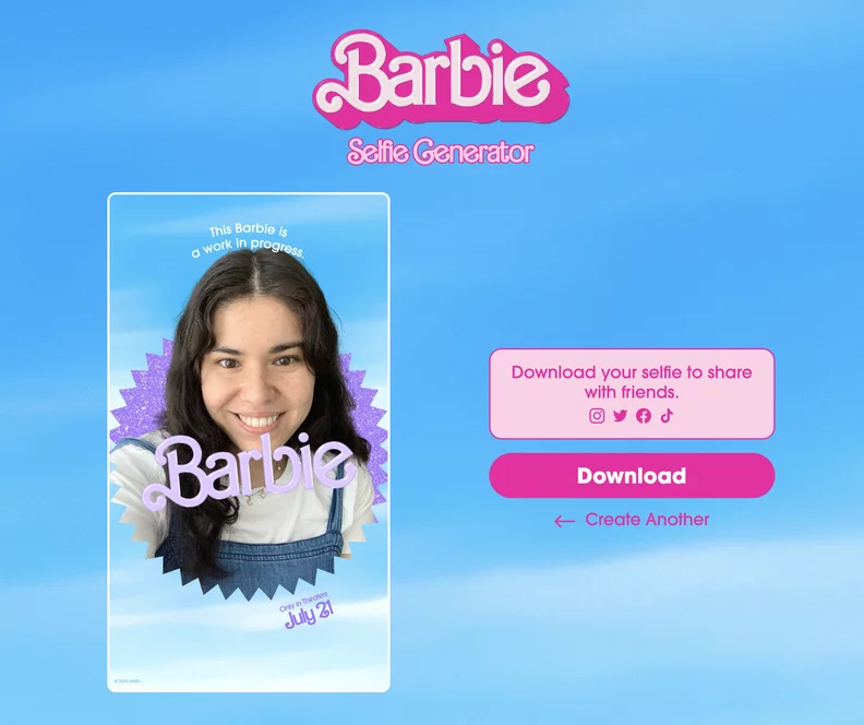 Brunette smiling girl selfie with barbie  branding superimposed