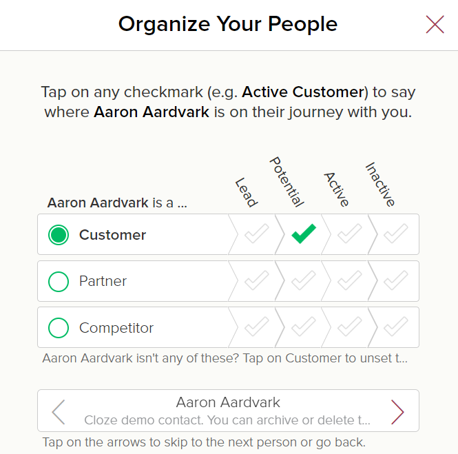 Cloze customer journey mapping screen