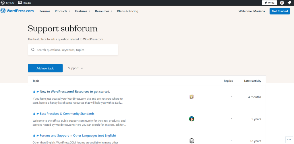 wordpress support subforum