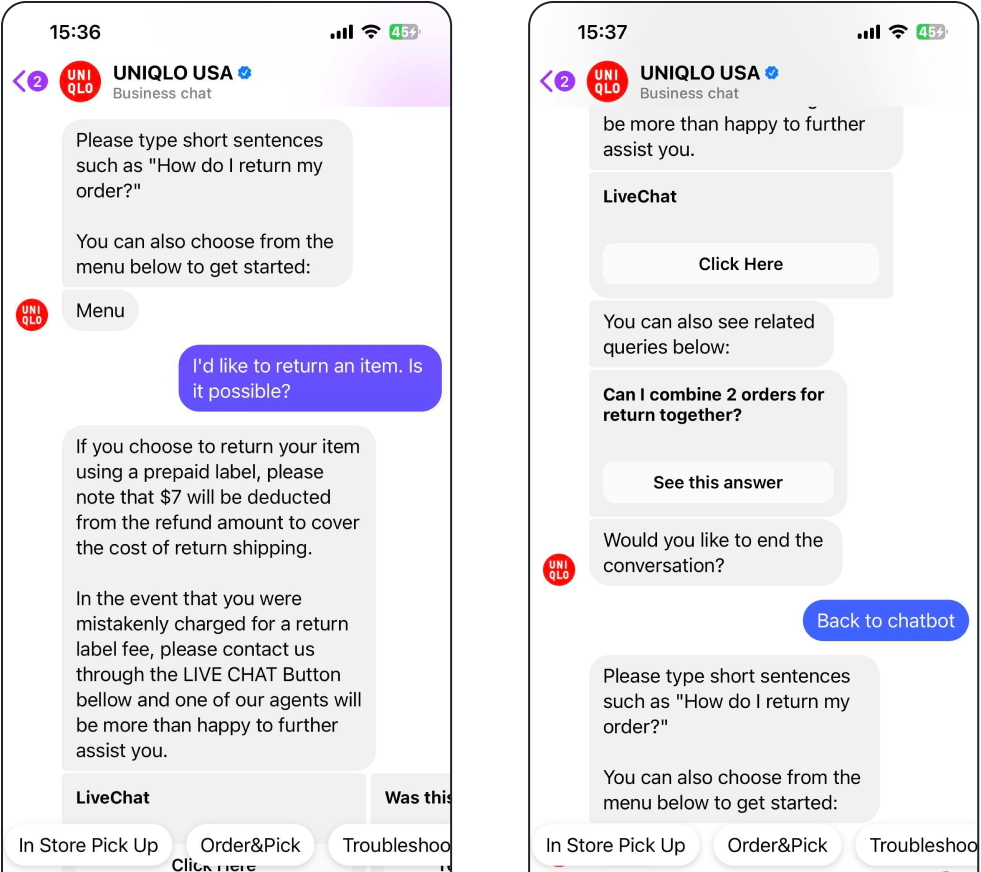 Uniqlo customer support chat screenshots