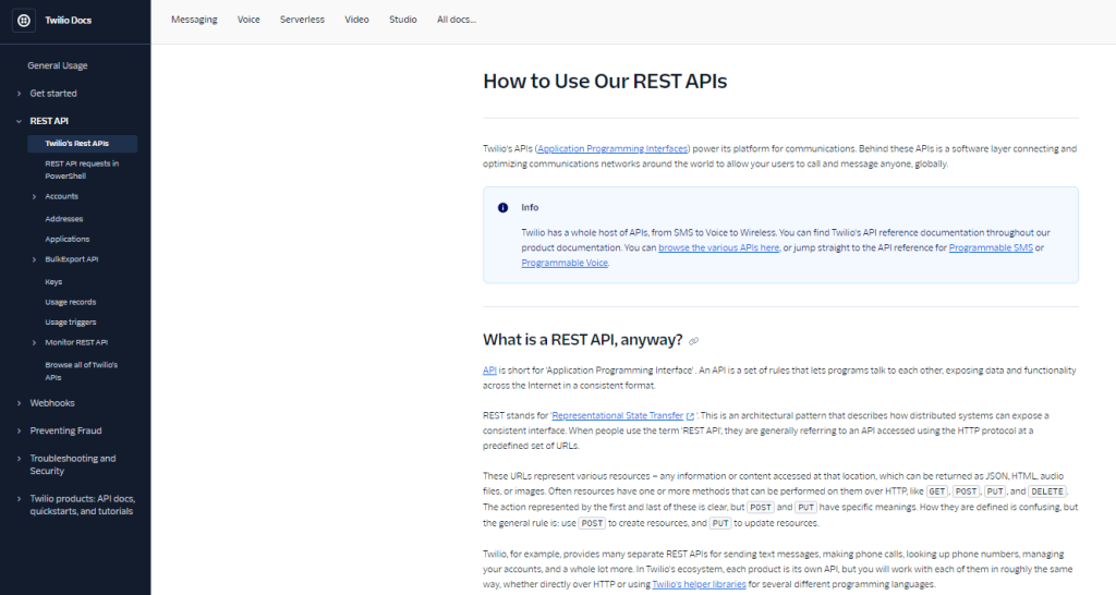 Twilio REST API documentation screenshot