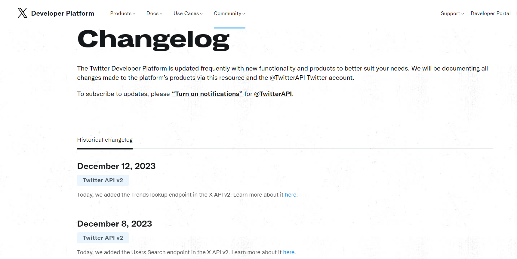 X changelog screenshot