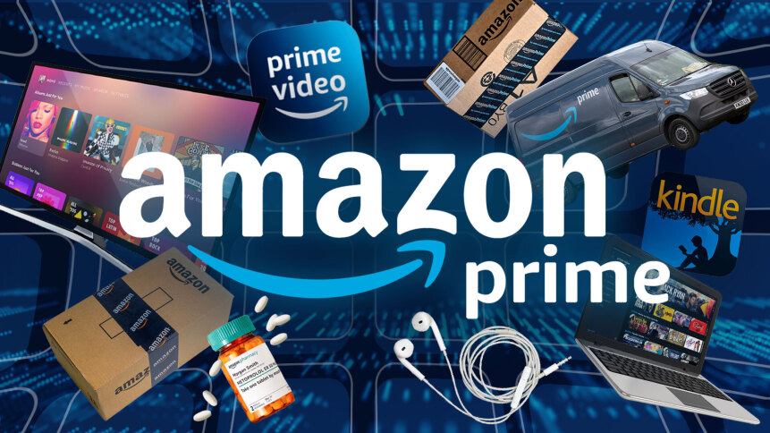amazon prime logo surrounded by typical products they offer