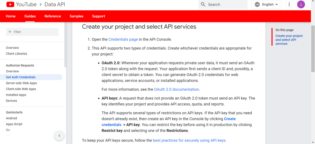 youtube api guide screenshot