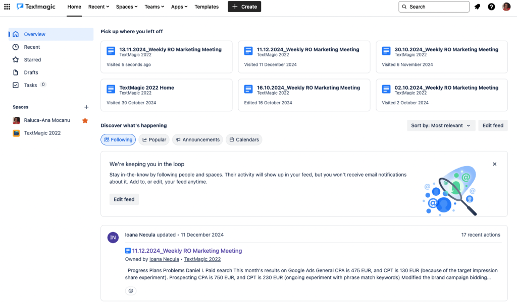 textmagic atlassion confluence dashboard