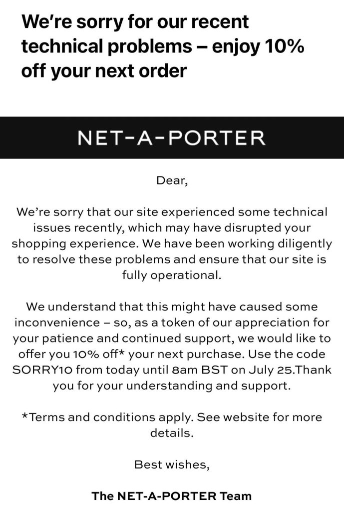 net-a-porter technical issues apology email
