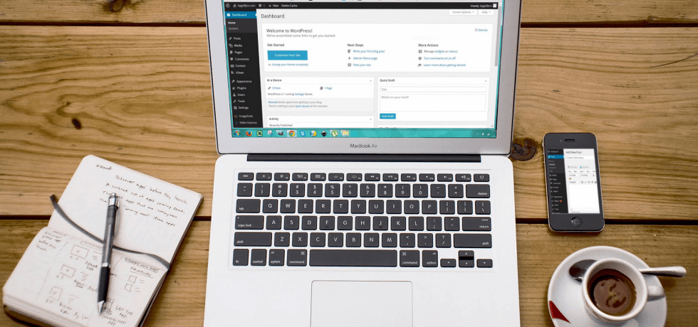 Website platform - laptop, coffee, pen, notebook - website tips