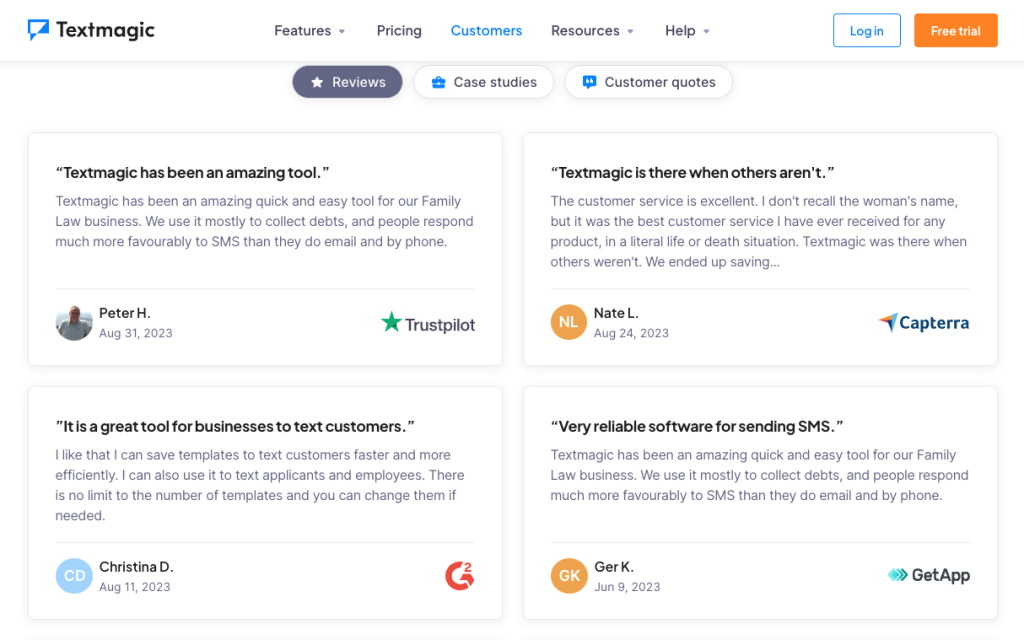 Textmagic review section on the website