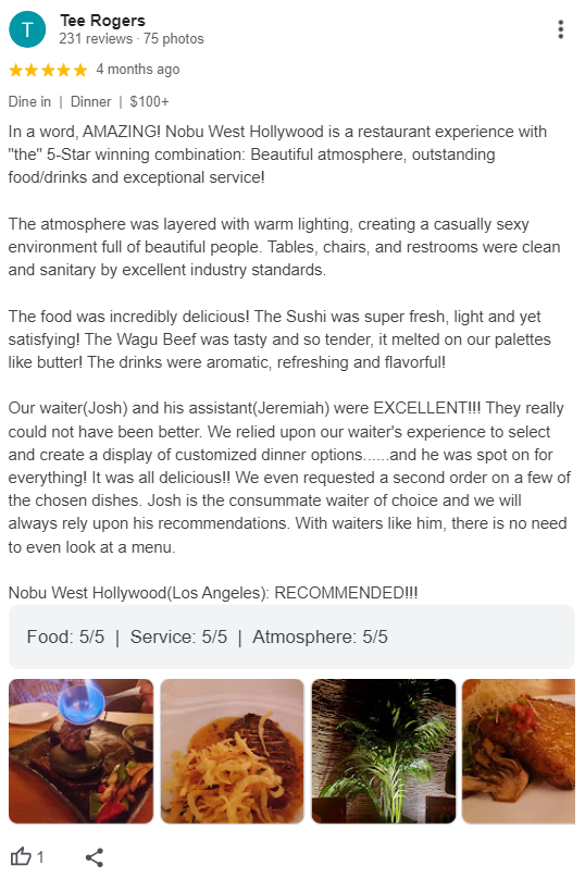 Hospitality good review example