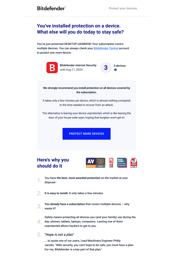 Bitdefender customer onboarding email