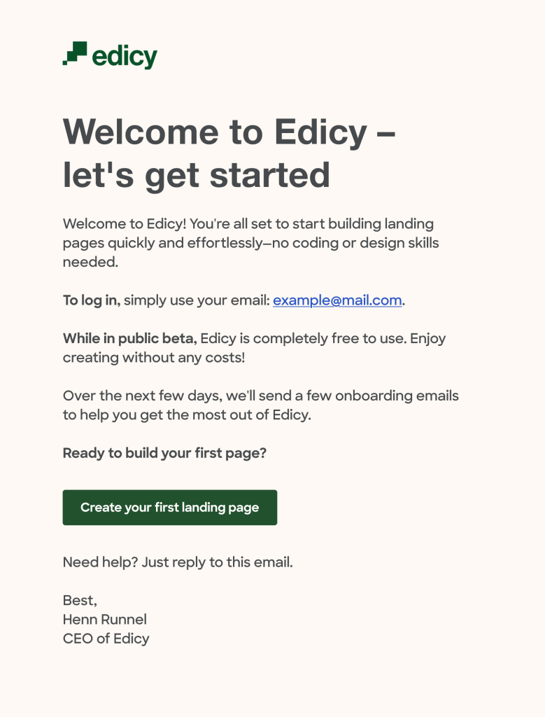 Edicy customer onboarding email
