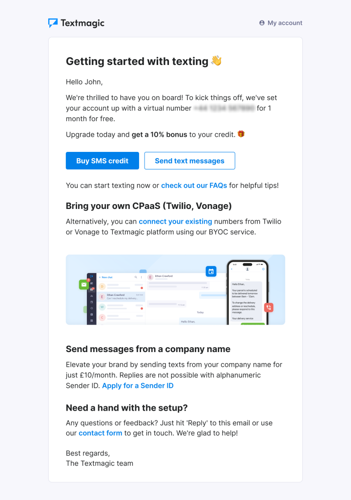 Textmagic client onboarding email
