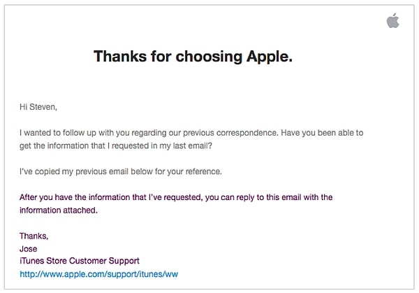 Apple follow-up email