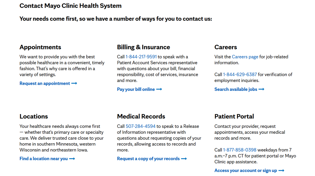 Mayo Clinic contact us page
