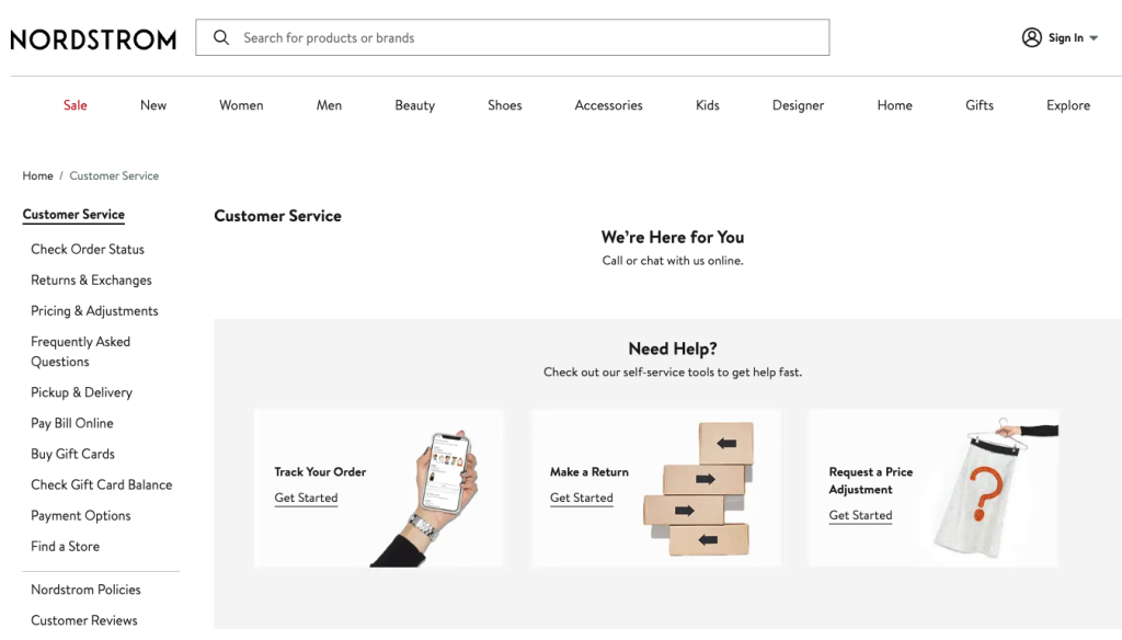 Nordstrom customer service page