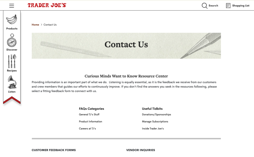 Trader Joe's contact us page