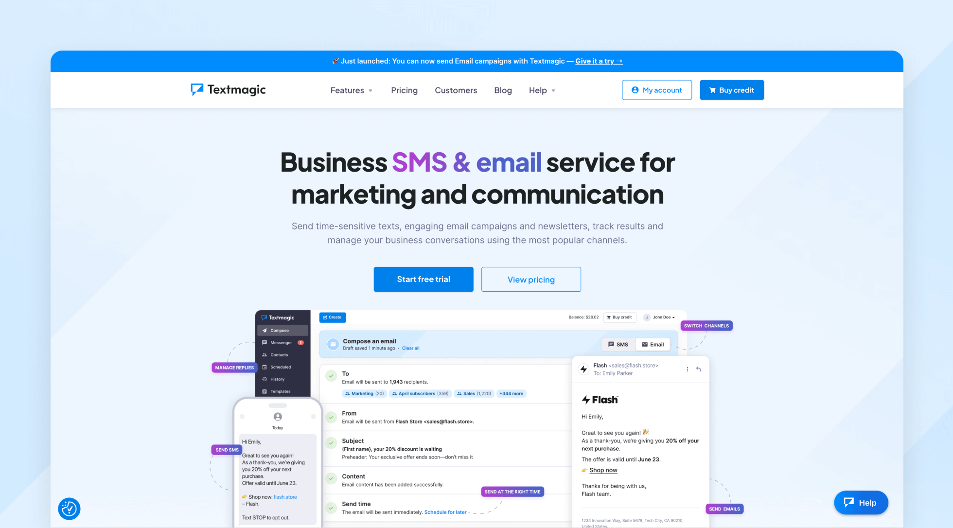 Textmagic homepage screenshot